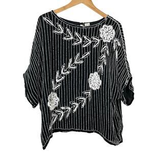 Vintage 100% Silk Beaded Floral Top Black & White